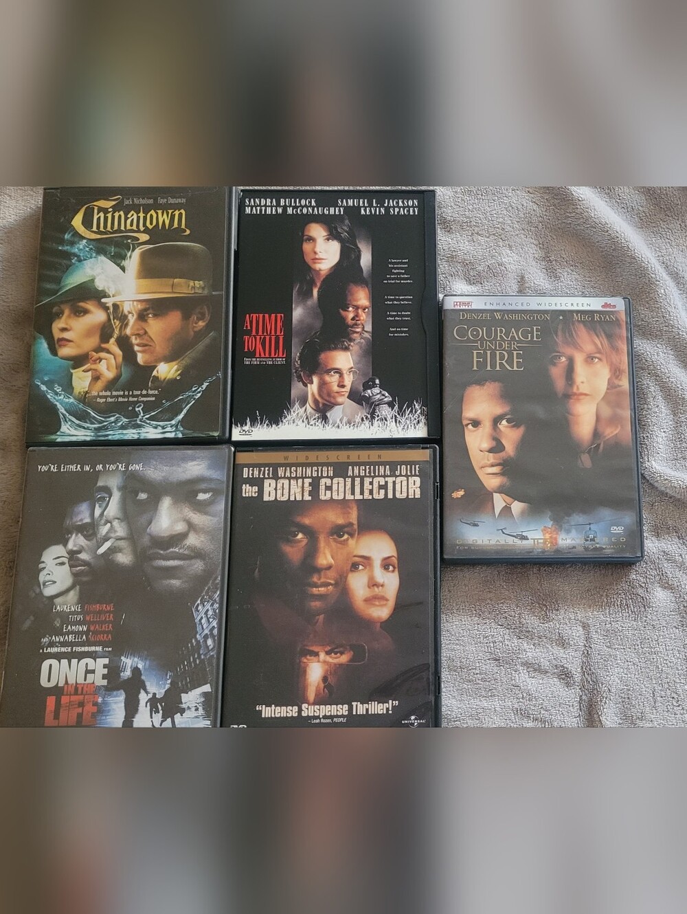 5 DVD'S. Bone collector, time 2 kill, Chinatown, ,courage under fire LOT
